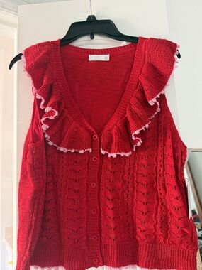 LC Lauren Conrad Red Ruffle-Trim V-Neck Cardigan Vest